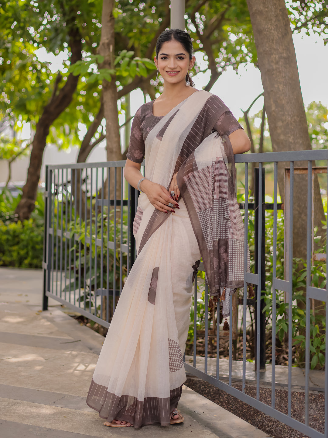 Ivory & Mocha Brown Mul Cotton Saree for Women with Patchwork Print Pallu & Tassels | Soft Breathable Office & Daily Wear