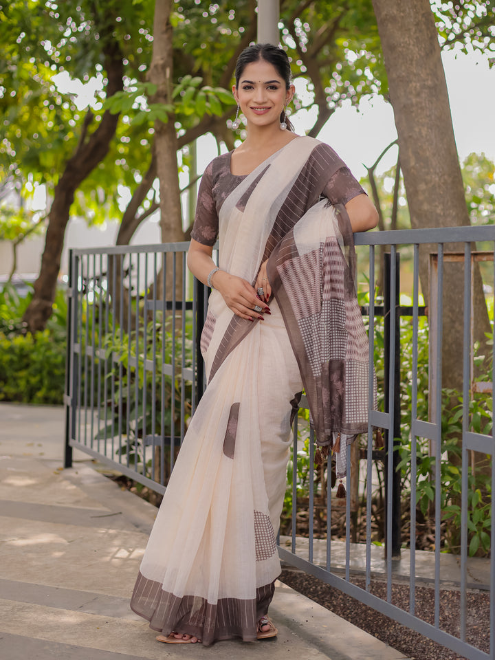 Ivory & Mocha Brown Mul Cotton Saree for Women with Patchwork Print Pallu & Tassels | Soft Breathable Office & Daily Wear