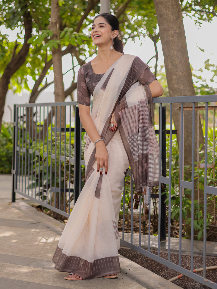 Ivory & Mocha Brown Mul Cotton Saree for Women with Patchwork Print Pallu & Tassels | Soft Breathable Office & Daily Wear