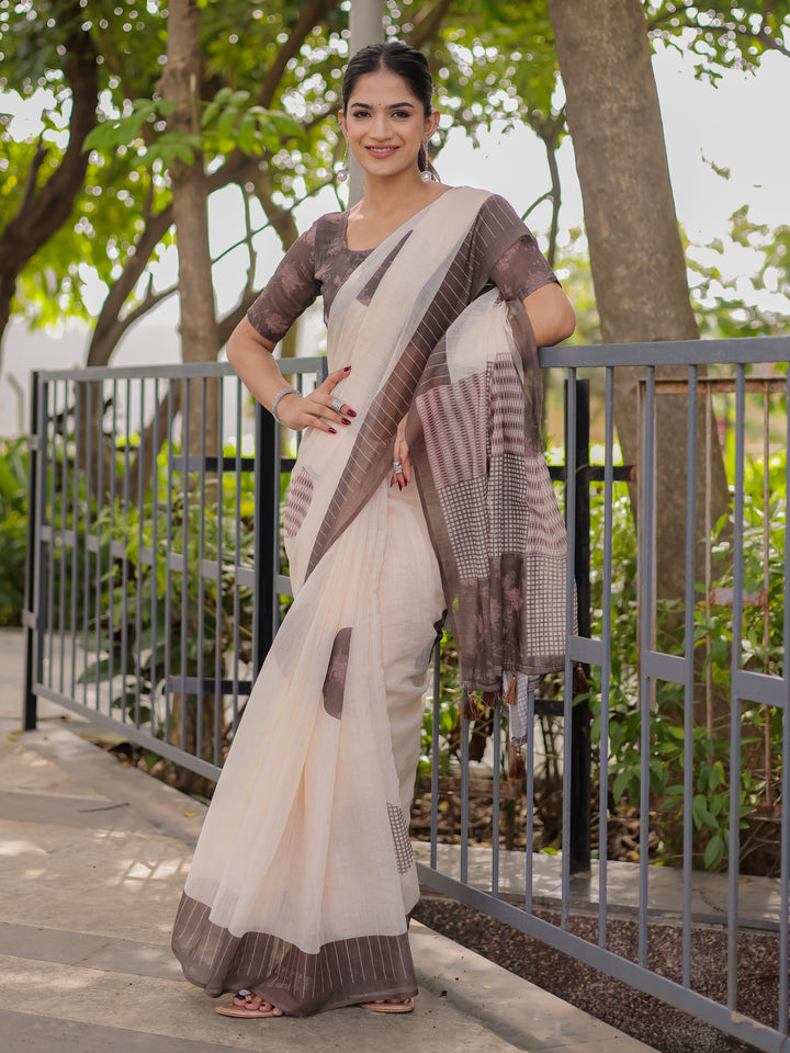 Ivory & Mocha Brown Mul Cotton Saree for Women with Patchwork Print Pallu & Tassels | Soft Breathable Office & Daily Wear