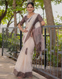 Ivory & Mocha Brown Mul Cotton Saree for Women with Patchwork Print Pallu & Tassels | Soft Breathable Office & Daily Wear, Comes With Attached Blouse Piece