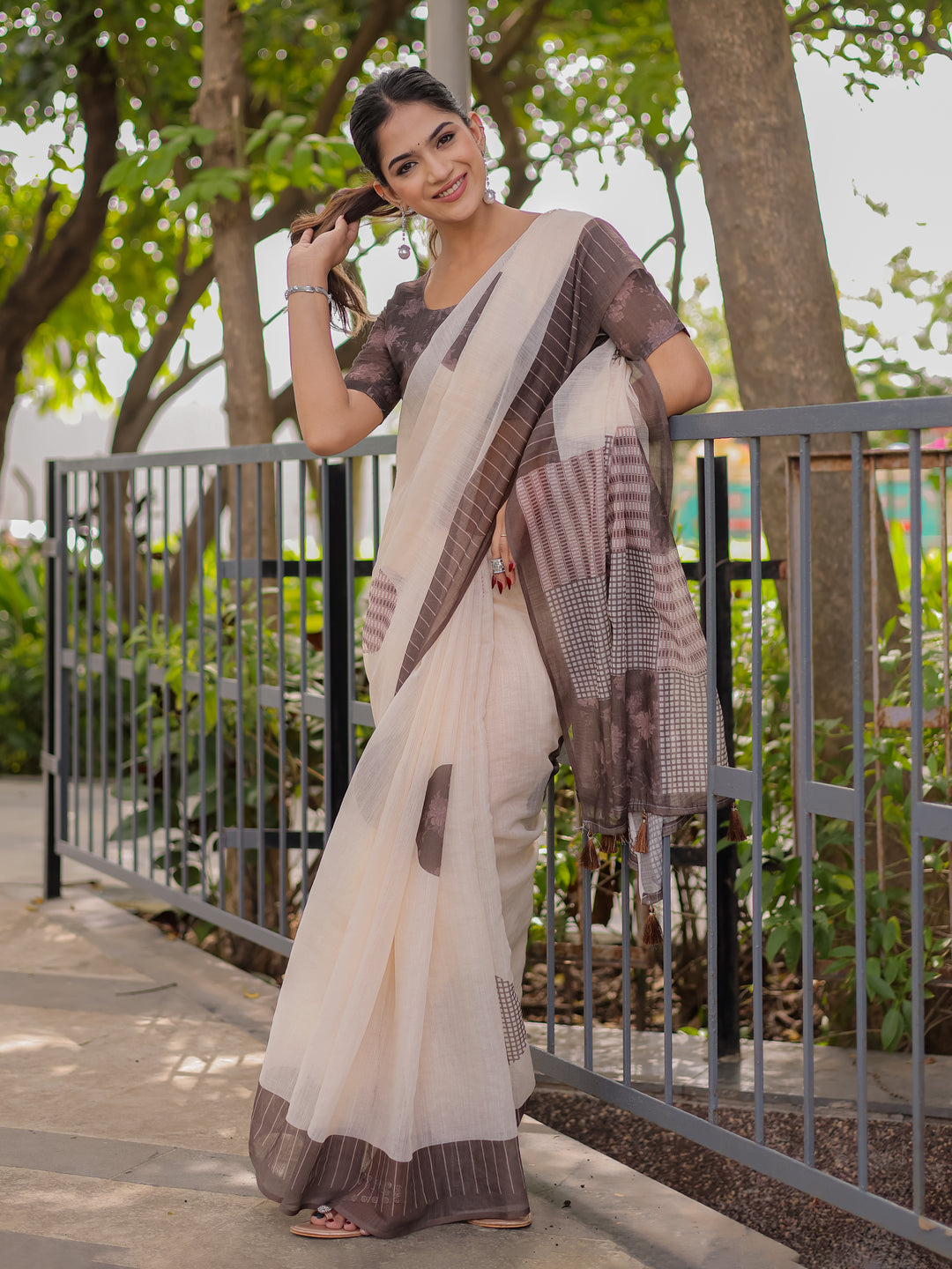 Ivory & Mocha Brown Mul Cotton Saree for Women with Patchwork Print Pallu & Tassels | Soft Breathable Office & Daily Wear