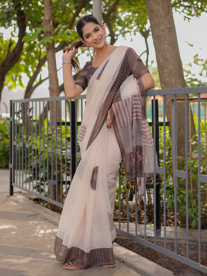 Ivory & Mocha Brown Mul Cotton Saree for Women with Patchwork Print Pallu & Tassels | Soft Breathable Office & Daily Wear