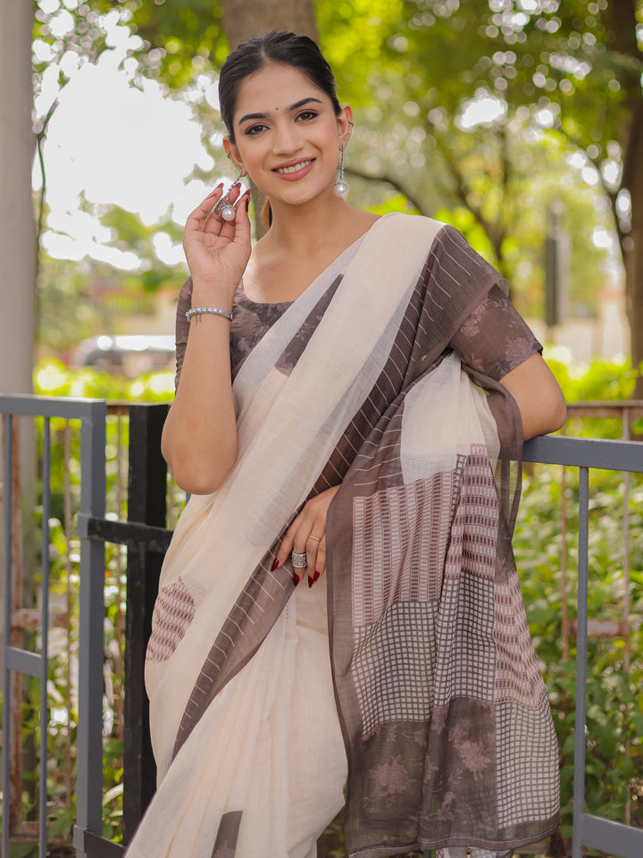Ivory & Mocha Brown Mul Cotton Saree for Women with Patchwork Print Pallu & Tassels | Soft Breathable Office & Daily Wear