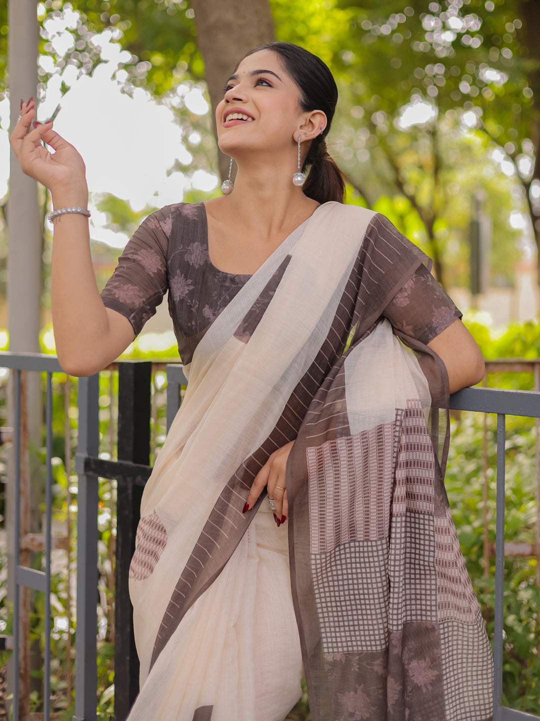Ivory & Mocha Brown Mul Cotton Saree for Women with Patchwork Print Pallu & Tassels | Soft Breathable Office & Daily Wear