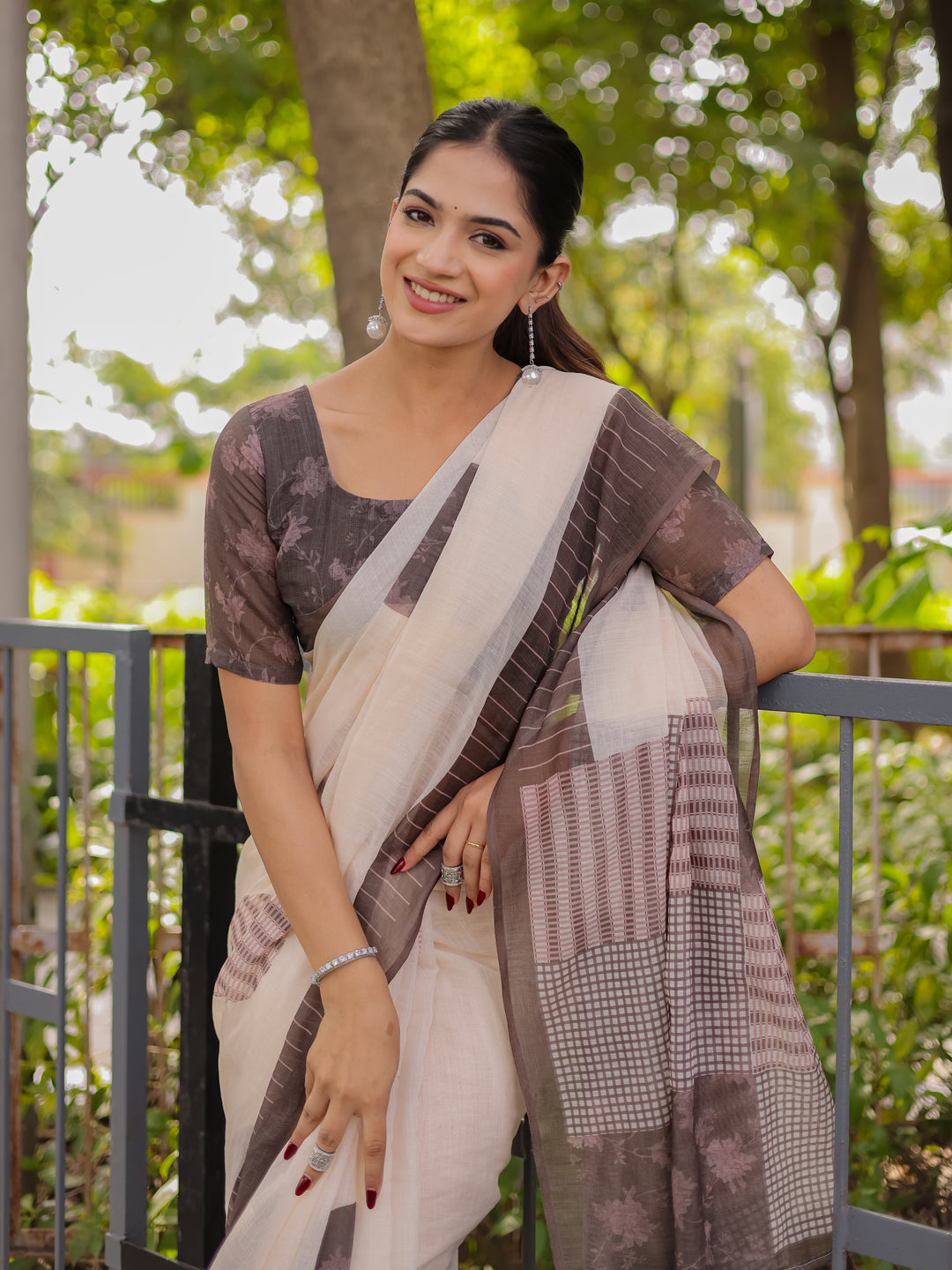 Ivory & Mocha Brown Mul Cotton Saree for Women with Patchwork Print Pallu & Tassels | Soft Breathable Office & Daily Wear