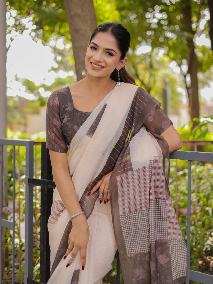 Ivory & Mocha Brown Mul Cotton Saree for Women with Patchwork Print Pallu & Tassels | Soft Breathable Office & Daily Wear
