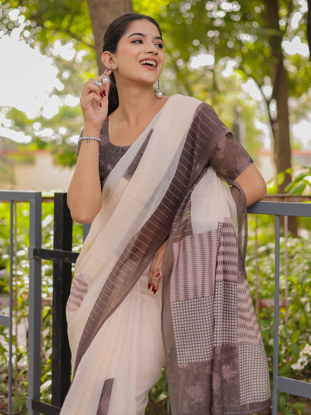 Ivory & Mocha Brown Mul Cotton Saree for Women with Patchwork Print Pallu & Tassels | Soft Breathable Office & Daily Wear