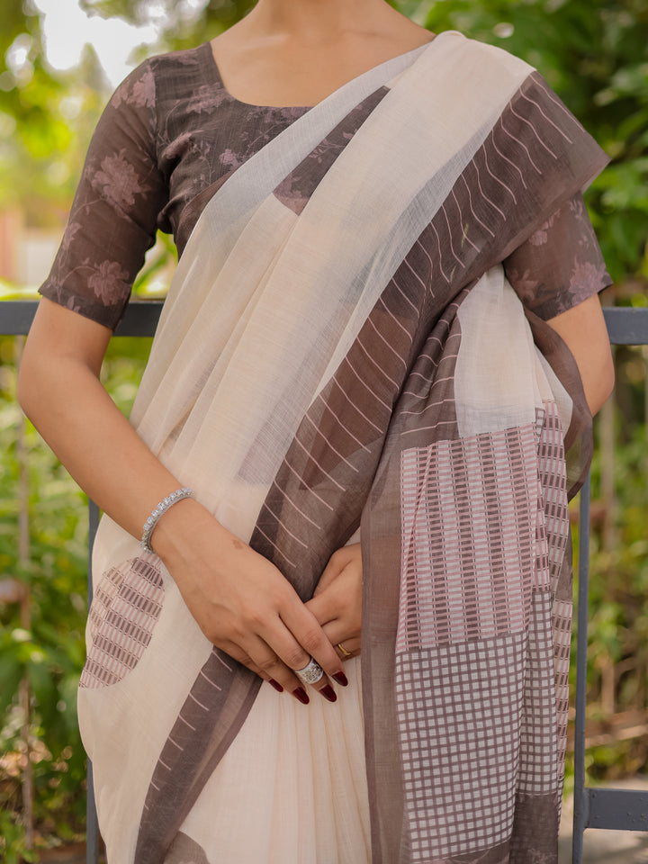 Ivory & Mocha Brown Mul Cotton Saree for Women with Patchwork Print Pallu & Tassels | Soft Breathable Office & Daily Wear