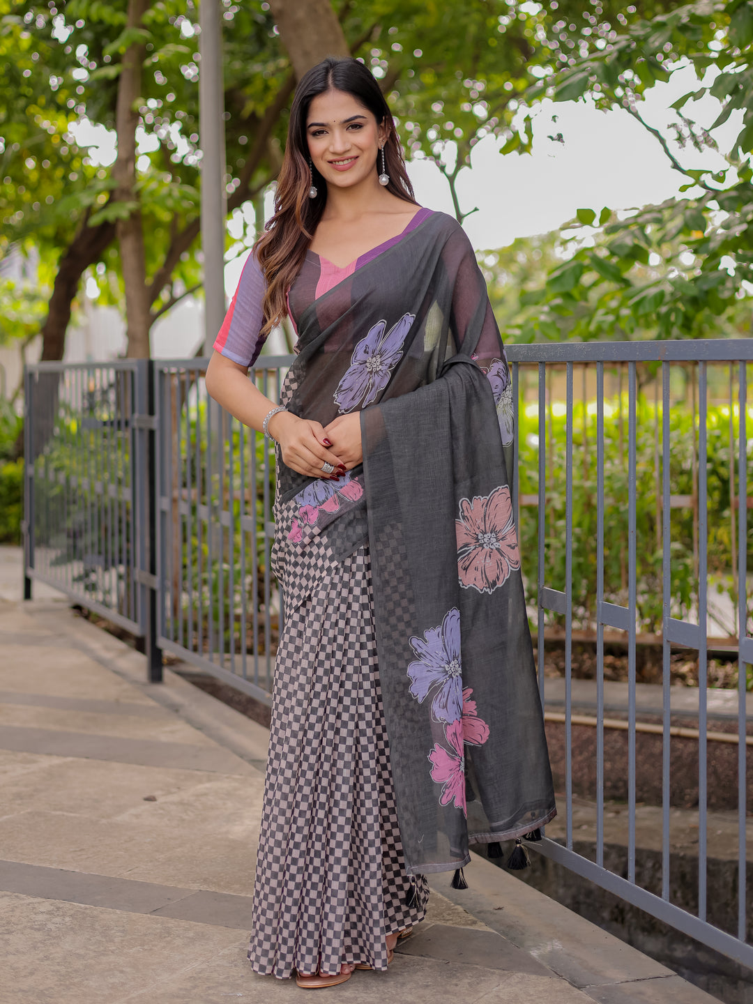 Charcoal Grey Mul Cotton Saree for Women with Floral Print & Checkered Design Pallu | Soft Breathable Office & Daily Wear