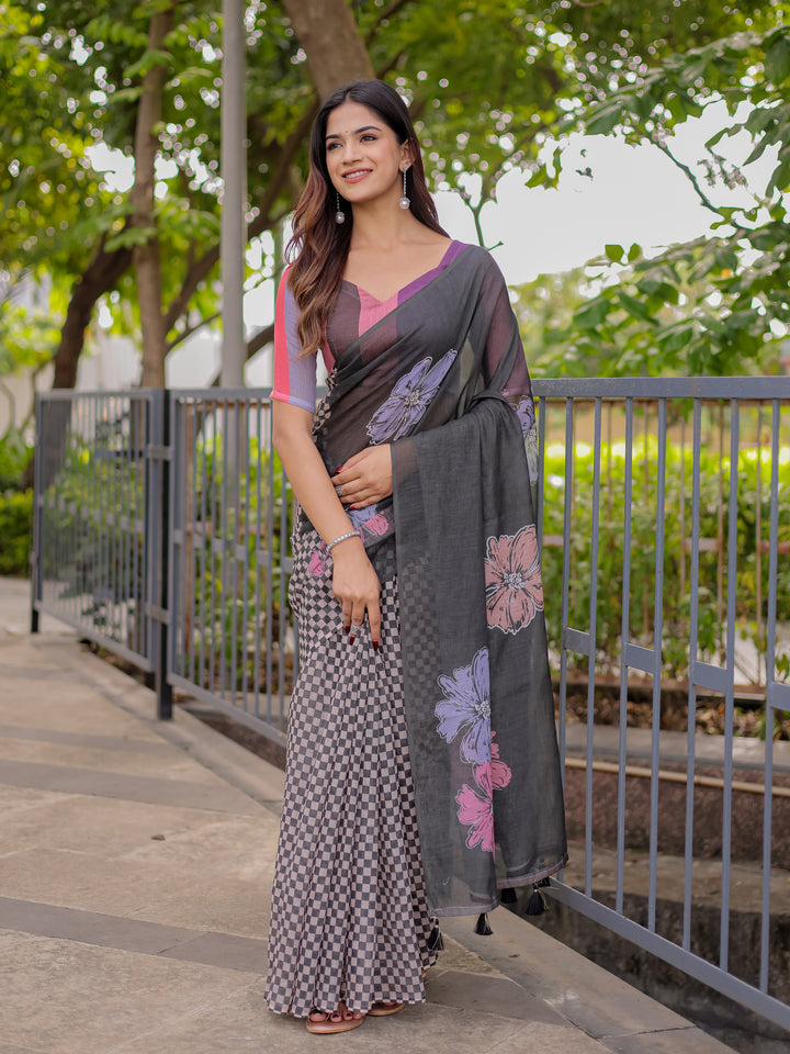 Charcoal Grey Mul Cotton Saree for Women with Floral Print & Checkered Design Pallu | Soft Breathable Office & Daily Wear