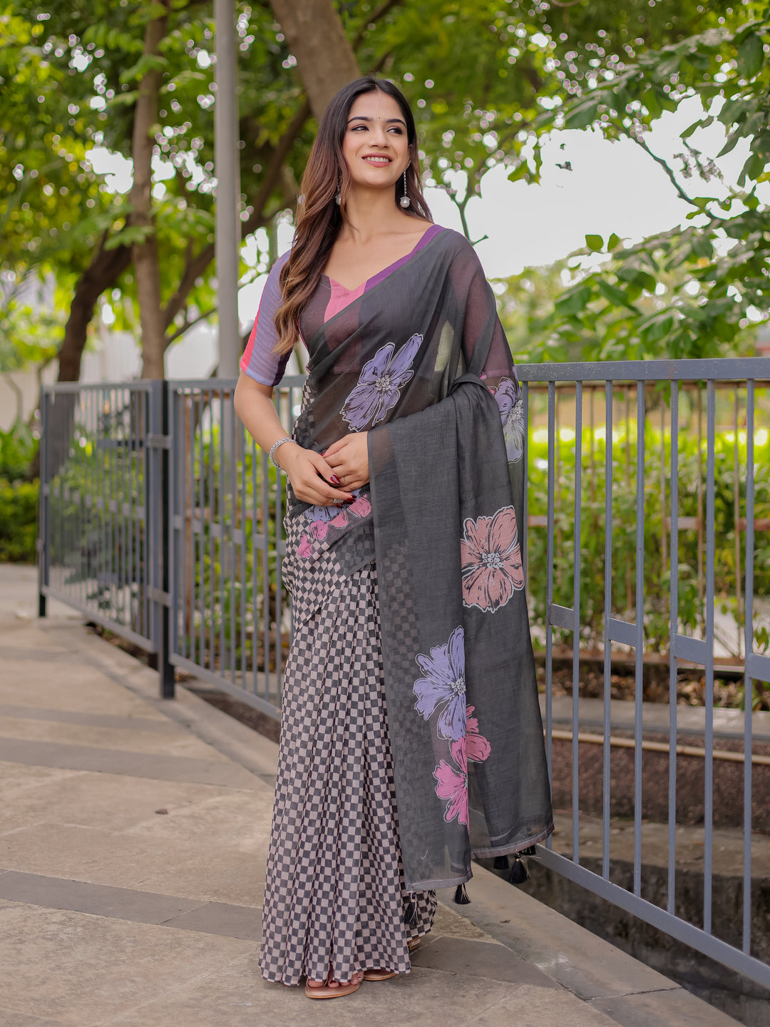 Charcoal Grey Mul Cotton Saree for Women with Floral Print & Checkered Design Pallu | Soft Breathable Office & Daily Wear