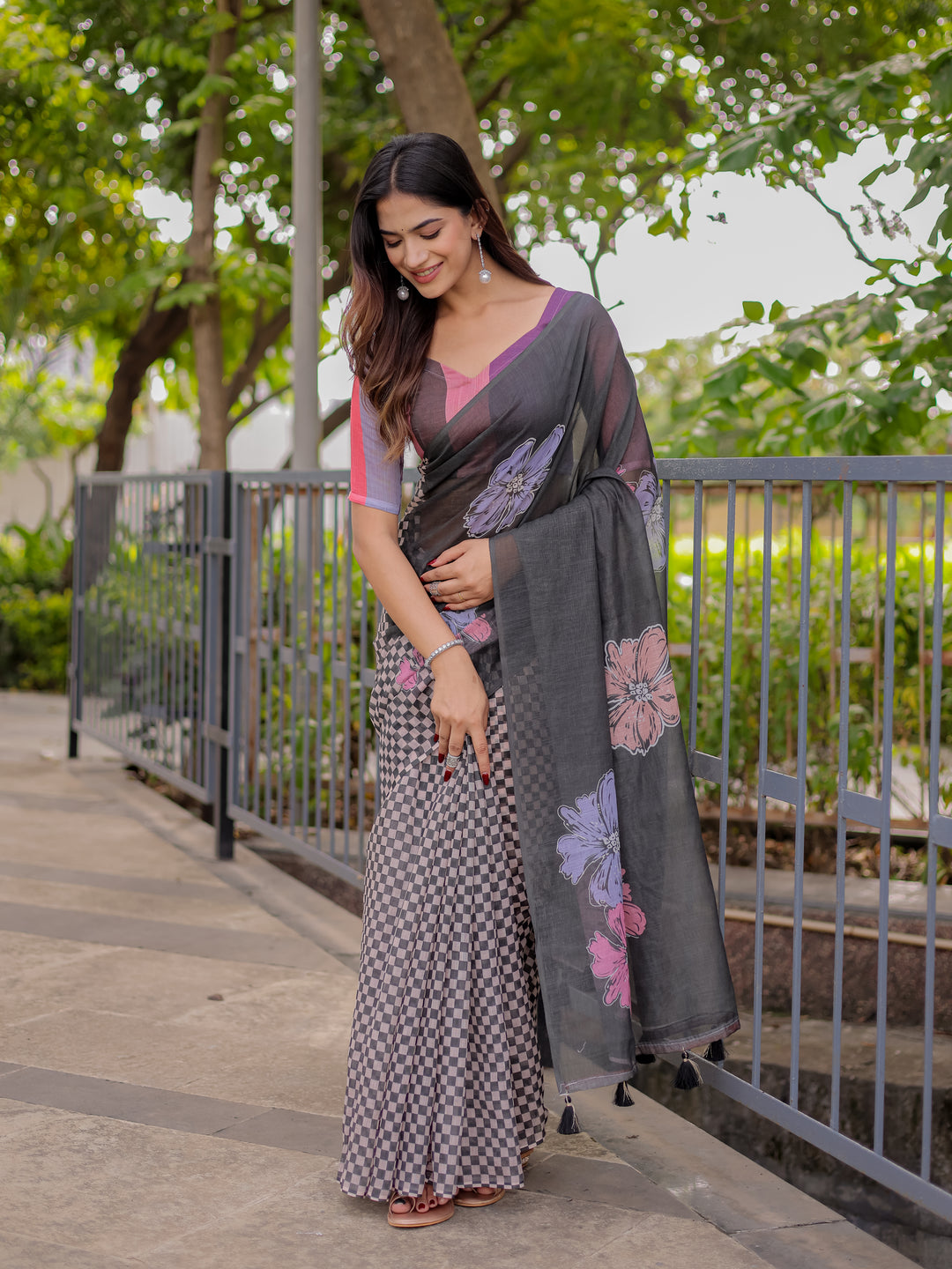Charcoal Grey Mul Cotton Saree for Women with Floral Print & Checkered Design Pallu | Soft Breathable Office & Daily Wear