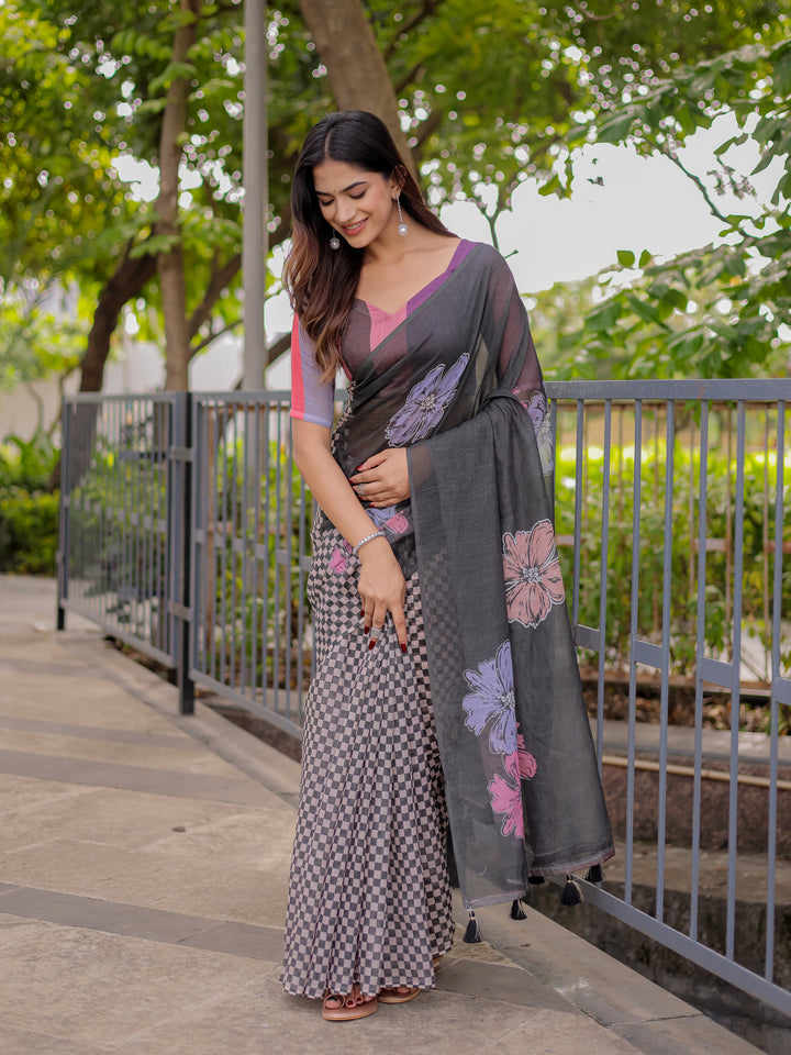 Charcoal Grey Mul Cotton Saree for Women with Floral Print & Checkered Design Pallu | Soft Breathable Office & Daily Wear