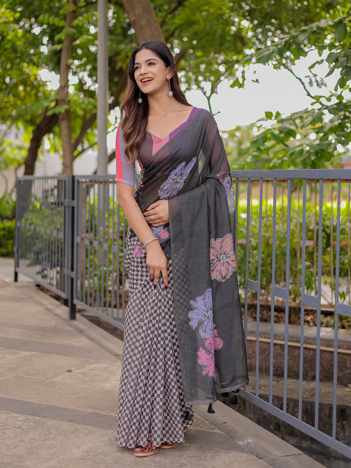 Charcoal Grey Mul Cotton Saree for Women with Floral Print & Checkered Design Pallu | Soft Breathable Office & Daily Wear