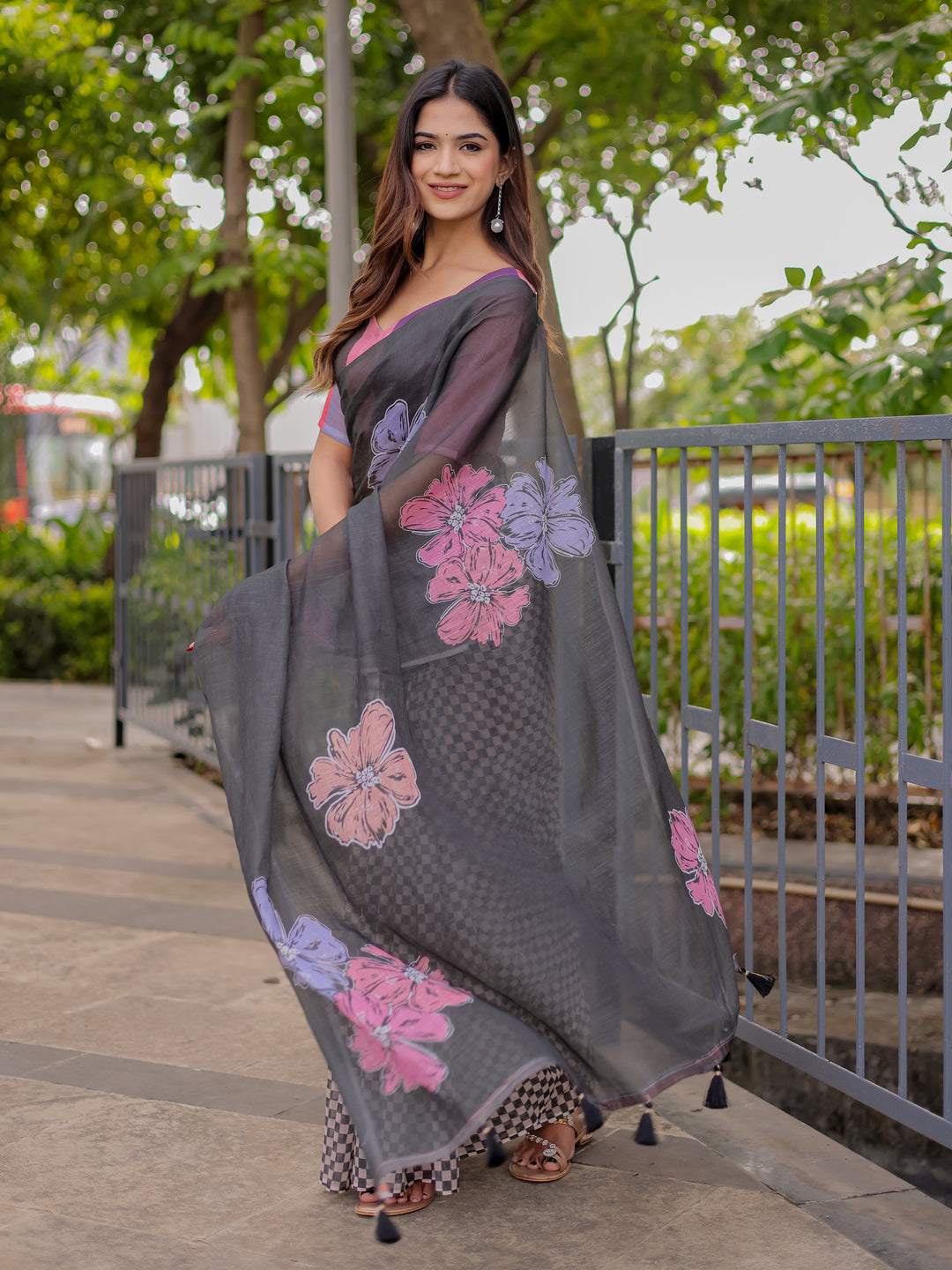 Charcoal Grey Mul Cotton Saree for Women with Floral Print & Checkered Design Pallu | Soft Breathable Office & Daily Wear