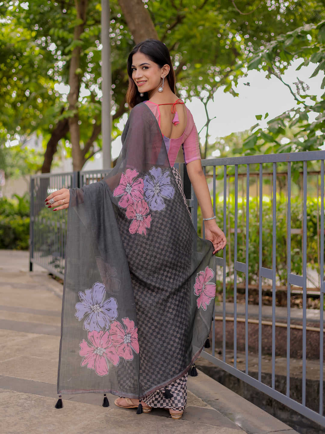 Charcoal Grey Mul Cotton Saree for Women with Floral Print & Checkered Design Pallu | Soft Breathable Office & Daily Wear
