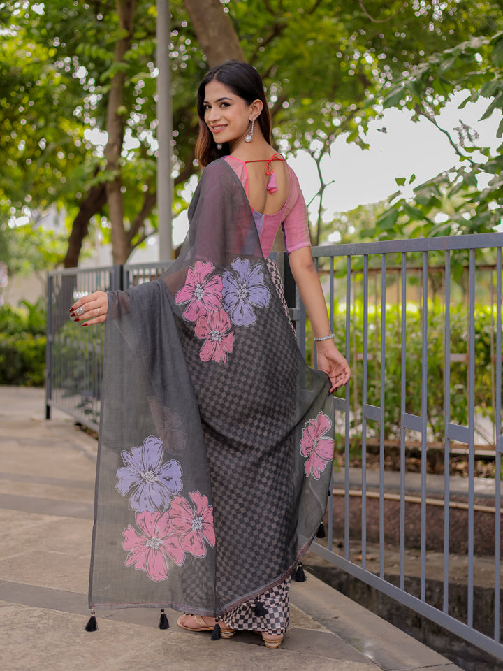 Charcoal Grey Mul Cotton Saree for Women with Floral Print & Checkered Design Pallu | Soft Breathable Office & Daily Wear