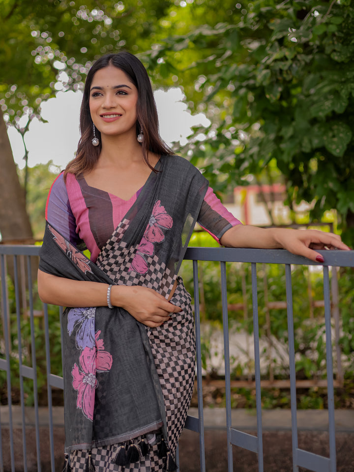 Charcoal Grey Mul Cotton Saree for Women with Floral Print & Checkered Design Pallu | Soft Breathable Office & Daily Wear