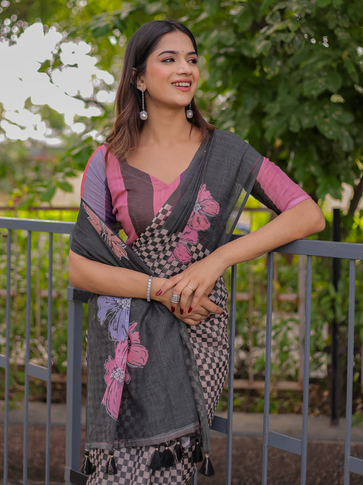 Charcoal Grey Mul Cotton Saree for Women with Floral Print & Checkered Design Pallu | Soft Breathable Office & Daily Wear