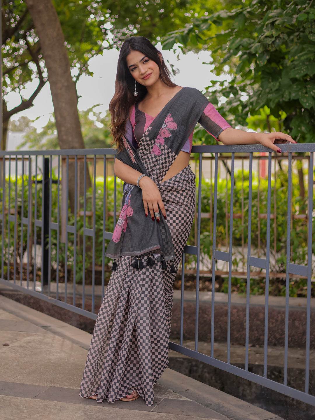 Charcoal Grey Mul Cotton Saree for Women with Floral Print & Checkered Design Pallu | Soft Breathable Office & Daily Wear