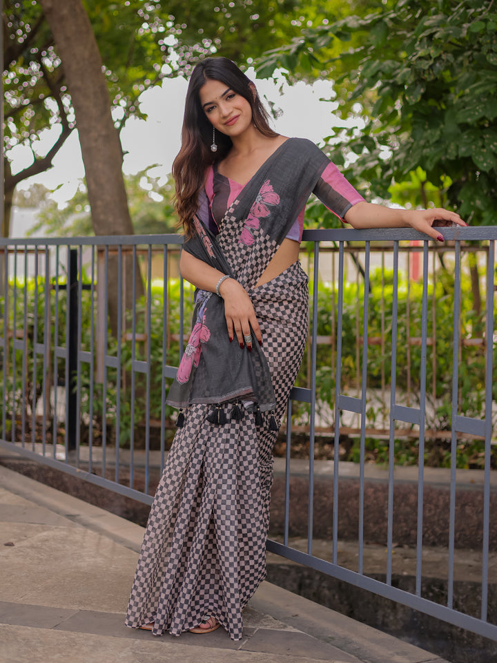 Charcoal Grey Mul Cotton Saree for Women with Floral Print & Checkered Design Pallu | Soft Breathable Office & Daily Wear