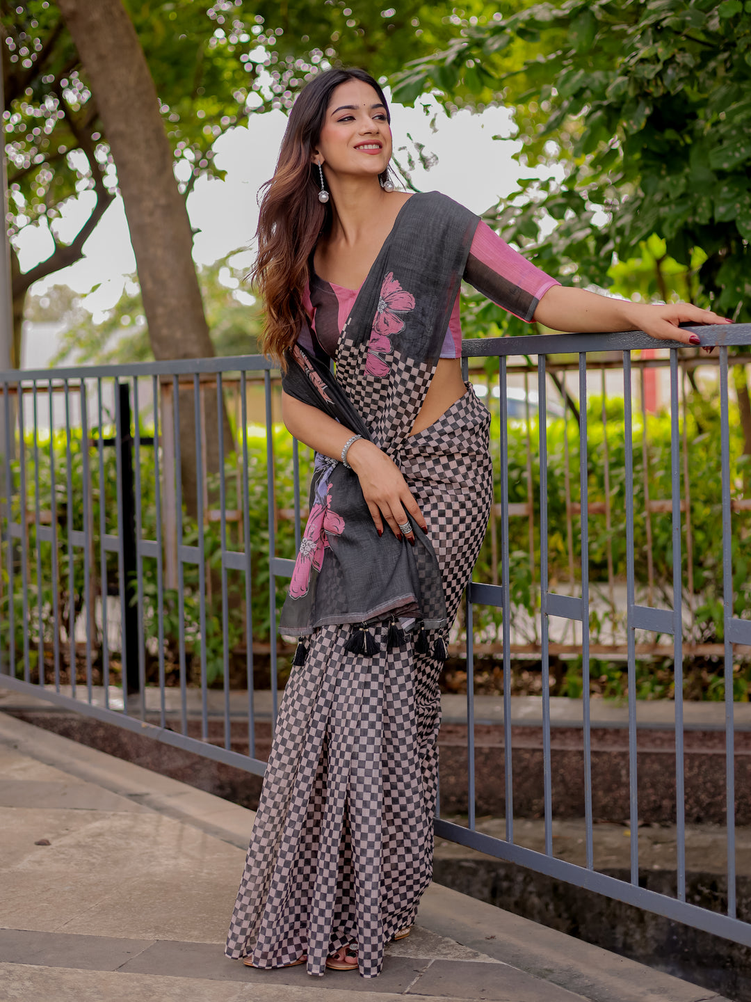 Charcoal Grey Mul Cotton Saree for Women with Floral Print & Checkered Design Pallu | Soft Breathable Office & Daily Wear