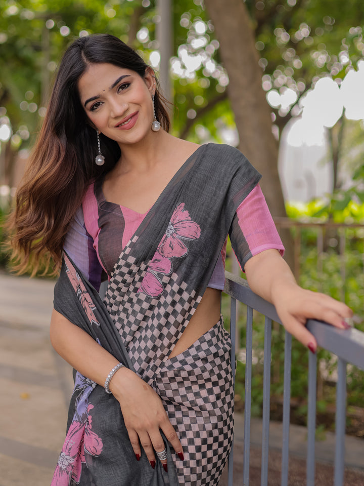Charcoal Grey Mul Cotton Saree for Women with Floral Print & Checkered Design Pallu | Soft Breathable Office & Daily Wear