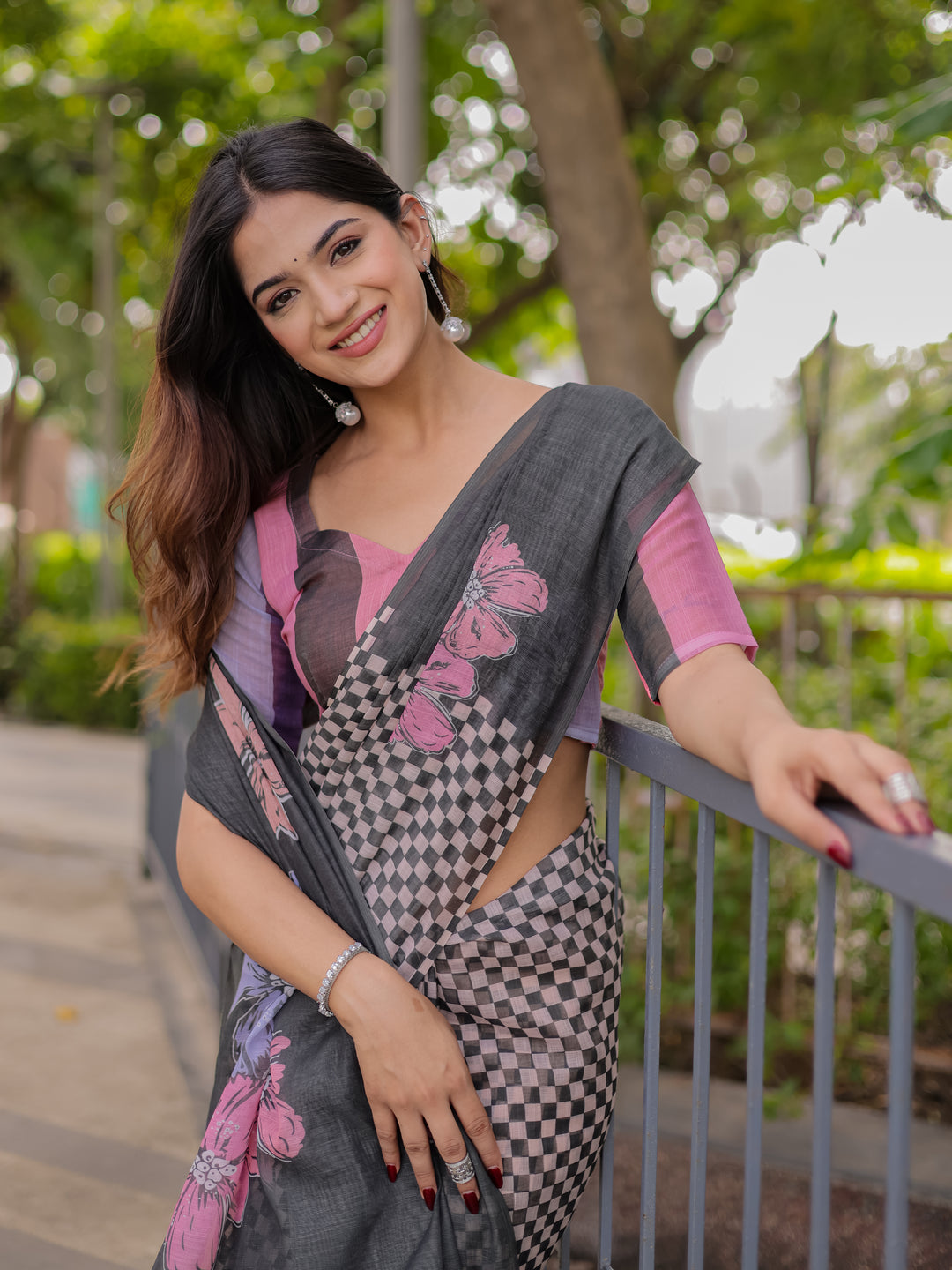 Charcoal Grey Mul Cotton Saree for Women with Floral Print & Checkered Design Pallu | Soft Breathable Office & Daily Wear