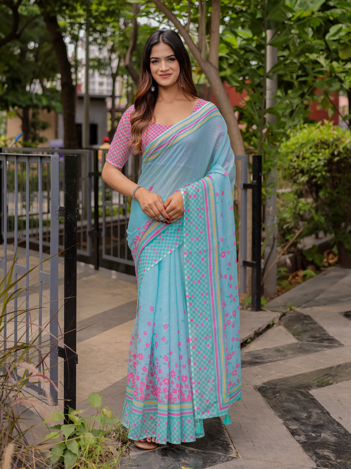 Sky Blue Mul Cotton Floral Saree for Women with Pink Checkered Print & Multicolor Border | Soft Office & Daily Wear Saree