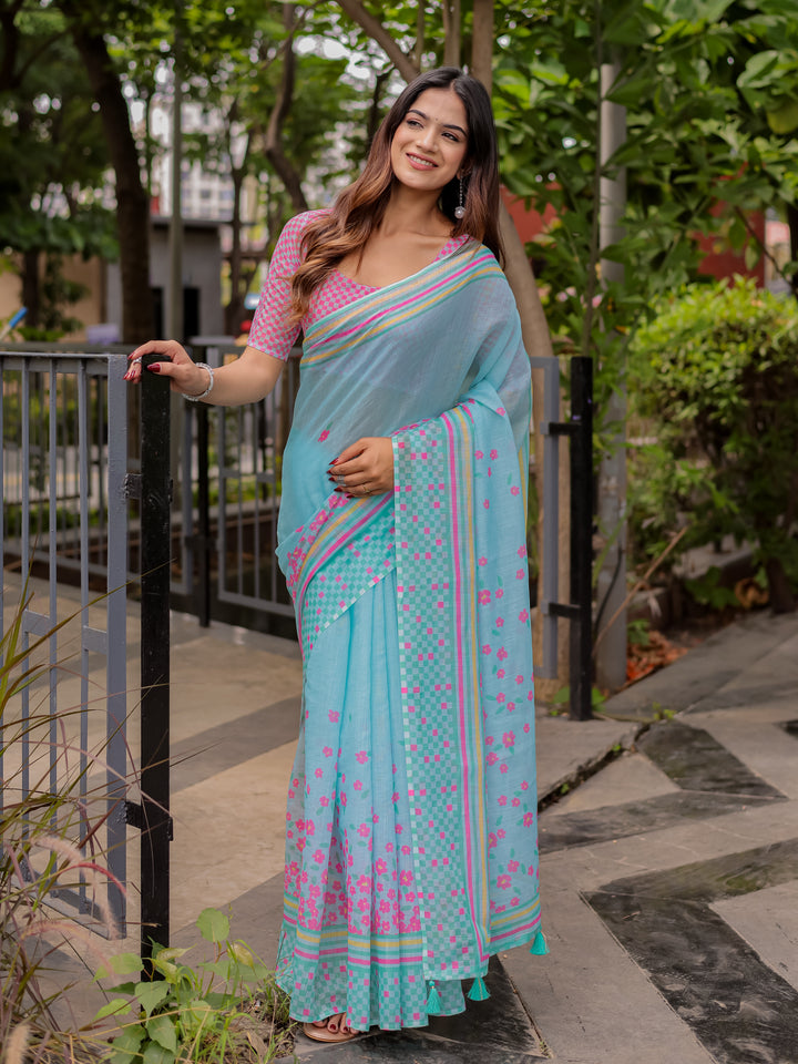 Sky Blue Mul Cotton Floral Saree for Women with Pink Checkered Print & Multicolor Border | Soft Office & Daily Wear Saree
