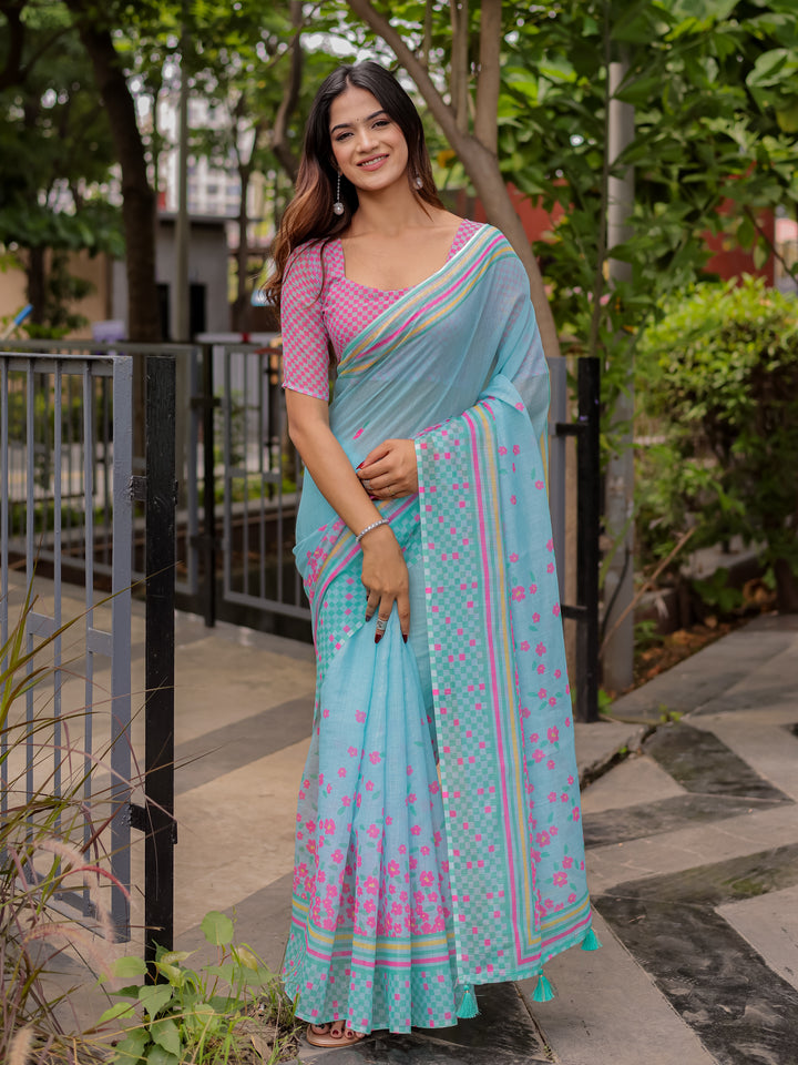 Sky Blue Mul Cotton Floral Saree for Women with Pink Checkered Print & Multicolor Border | Soft Office & Daily Wear Saree