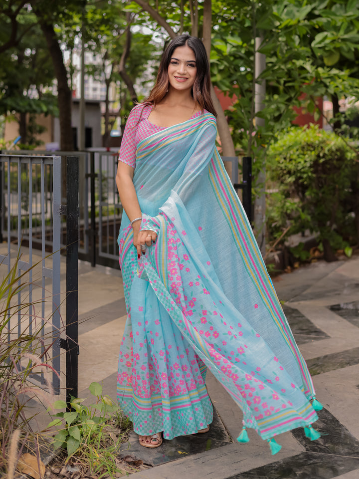Sky Blue Mul Cotton Floral Saree for Women with Pink Checkered Print & Multicolor Border | Soft Office & Daily Wear Saree