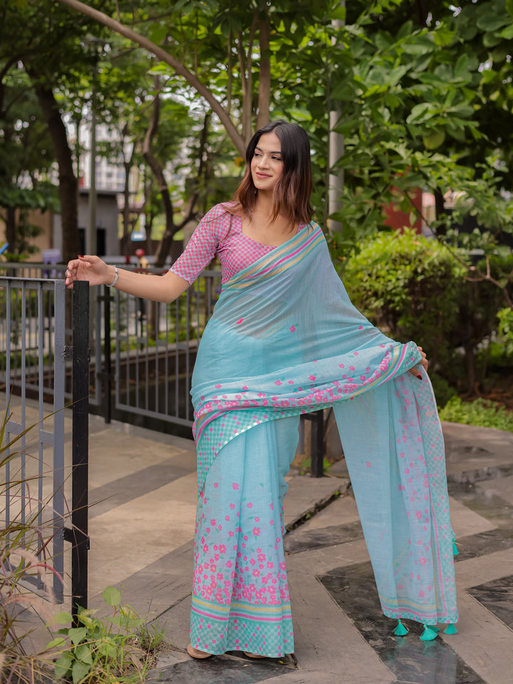 Sky Blue Mul Cotton Floral Saree for Women with Pink Checkered Print & Multicolor Border | Soft Office & Daily Wear Saree