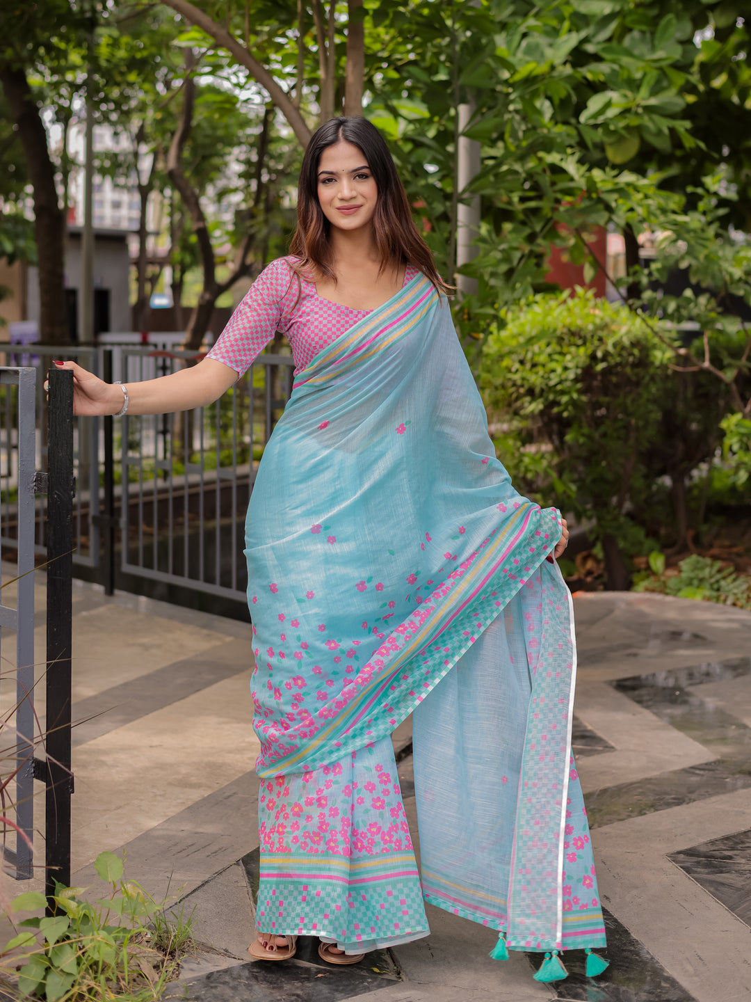 Sky Blue Mul Cotton Floral Saree for Women with Pink Checkered Print & Multicolor Border | Soft Office & Daily Wear Saree