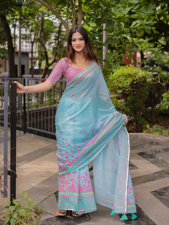 Sky Blue Mul Cotton Floral Saree for Women with Pink Checkered Print & Multicolor Border | Soft Office & Daily Wear Saree