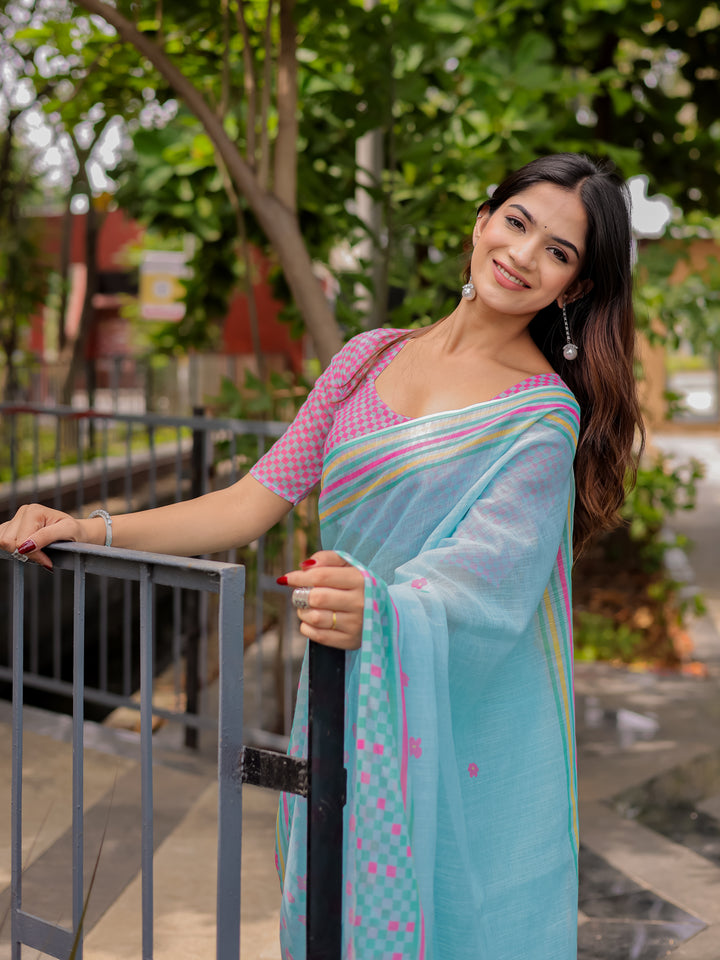 Sky Blue Mul Cotton Floral Saree for Women with Pink Checkered Print & Multicolor Border | Soft Office & Daily Wear Saree