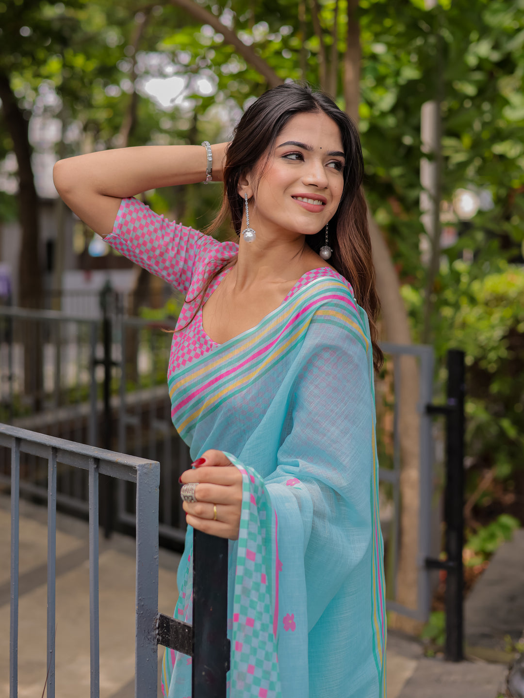 Sky Blue Mul Cotton Floral Saree for Women with Pink Checkered Print & Multicolor Border | Soft Office & Daily Wear Saree