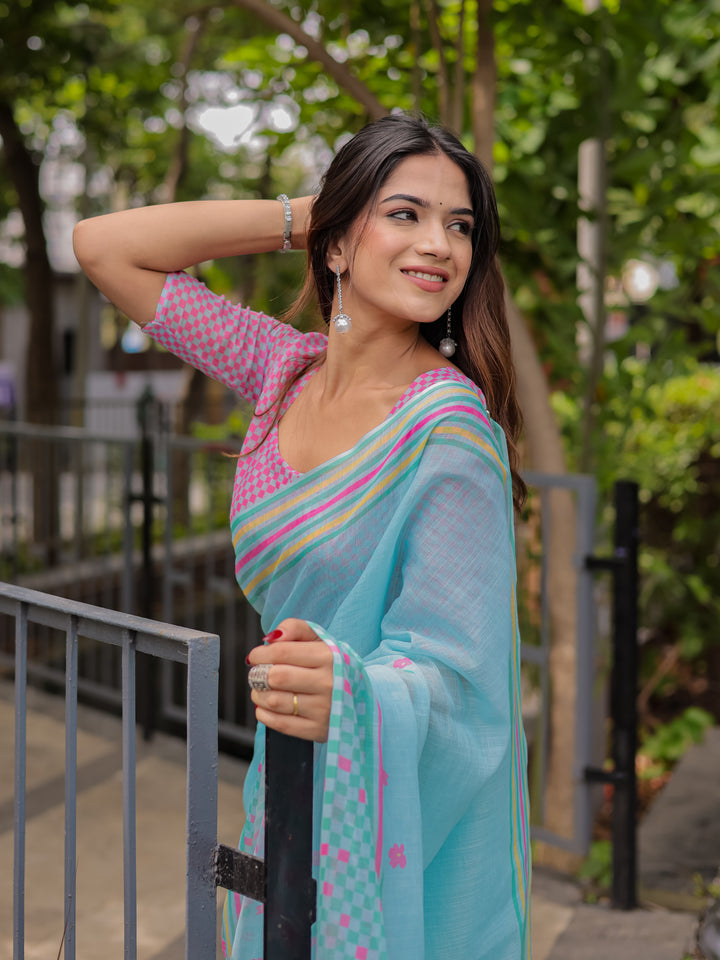 Sky Blue Mul Cotton Floral Saree for Women with Pink Checkered Print & Multicolor Border | Soft Office & Daily Wear Saree