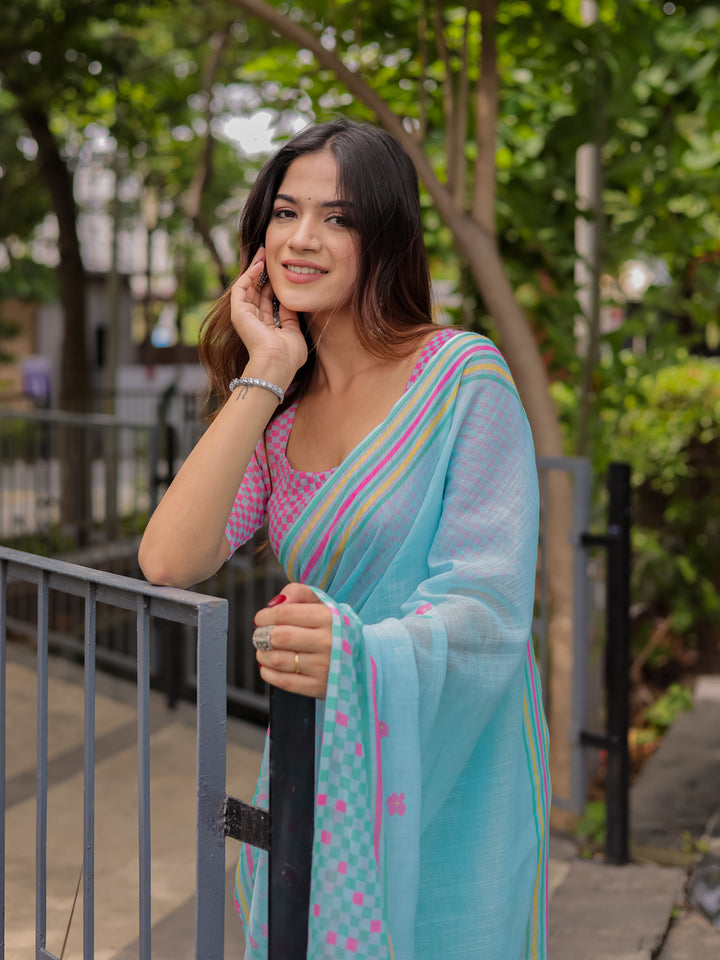 Sky Blue Mul Cotton Floral Saree for Women with Pink Checkered Print & Multicolor Border | Soft Office & Daily Wear Saree