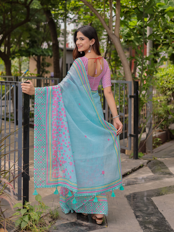 Sky Blue Mul Cotton Floral Saree for Women with Pink Checkered Print & Multicolor Border | Soft Office & Daily Wear Saree