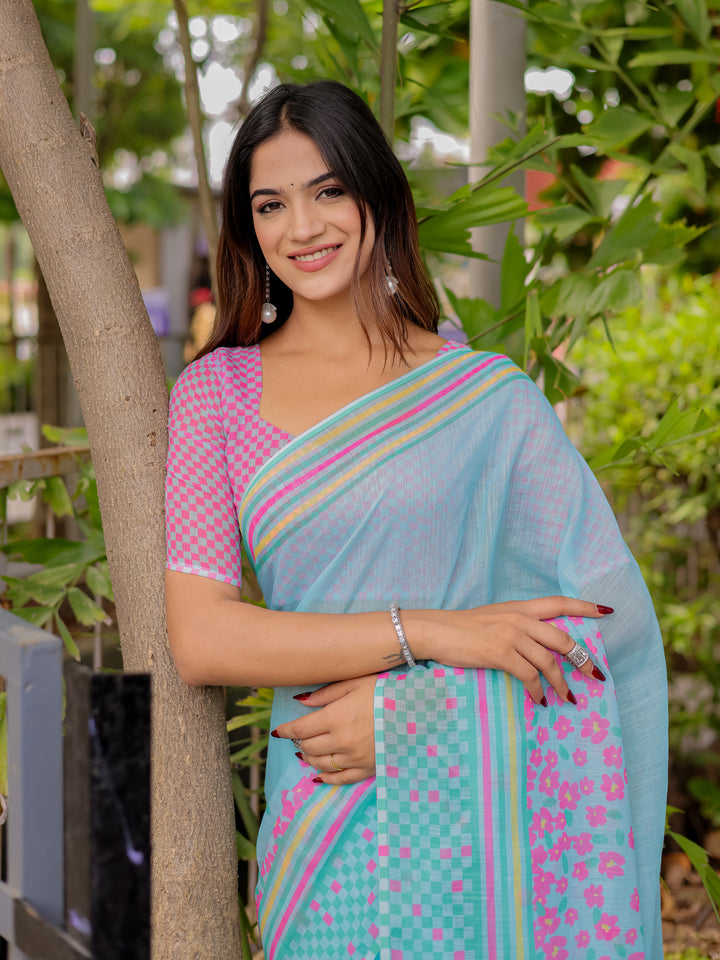 Sky Blue Mul Cotton Floral Saree for Women with Pink Checkered Print & Multicolor Border | Soft Office & Daily Wear Saree