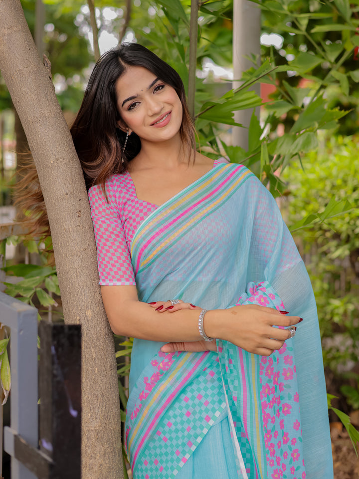 Sky Blue Mul Cotton Floral Saree for Women with Pink Checkered Print & Multicolor Border | Soft Office & Daily Wear Saree