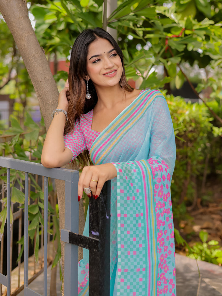 Sky Blue Mul Cotton Floral Saree for Women with Pink Checkered Print & Multicolor Border | Soft Office & Daily Wear Saree