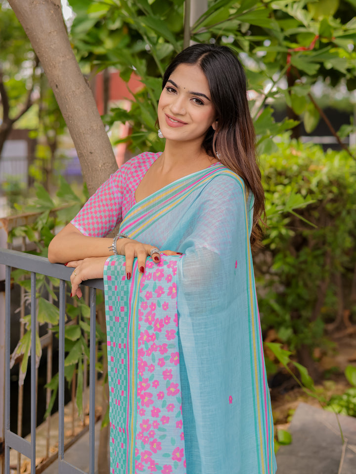 Sky Blue Mul Cotton Floral Saree for Women with Pink Checkered Print & Multicolor Border | Soft Office & Daily Wear Saree