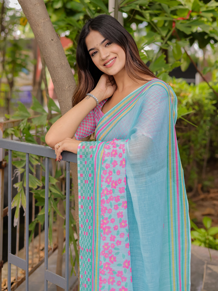 Sky Blue Mul Cotton Floral Saree for Women with Pink Checkered Print & Multicolor Border | Soft Office & Daily Wear Saree