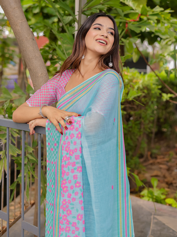 Sky Blue Mul Cotton Floral Saree for Women with Pink Checkered Print & Multicolor Border | Soft Office & Daily Wear Saree