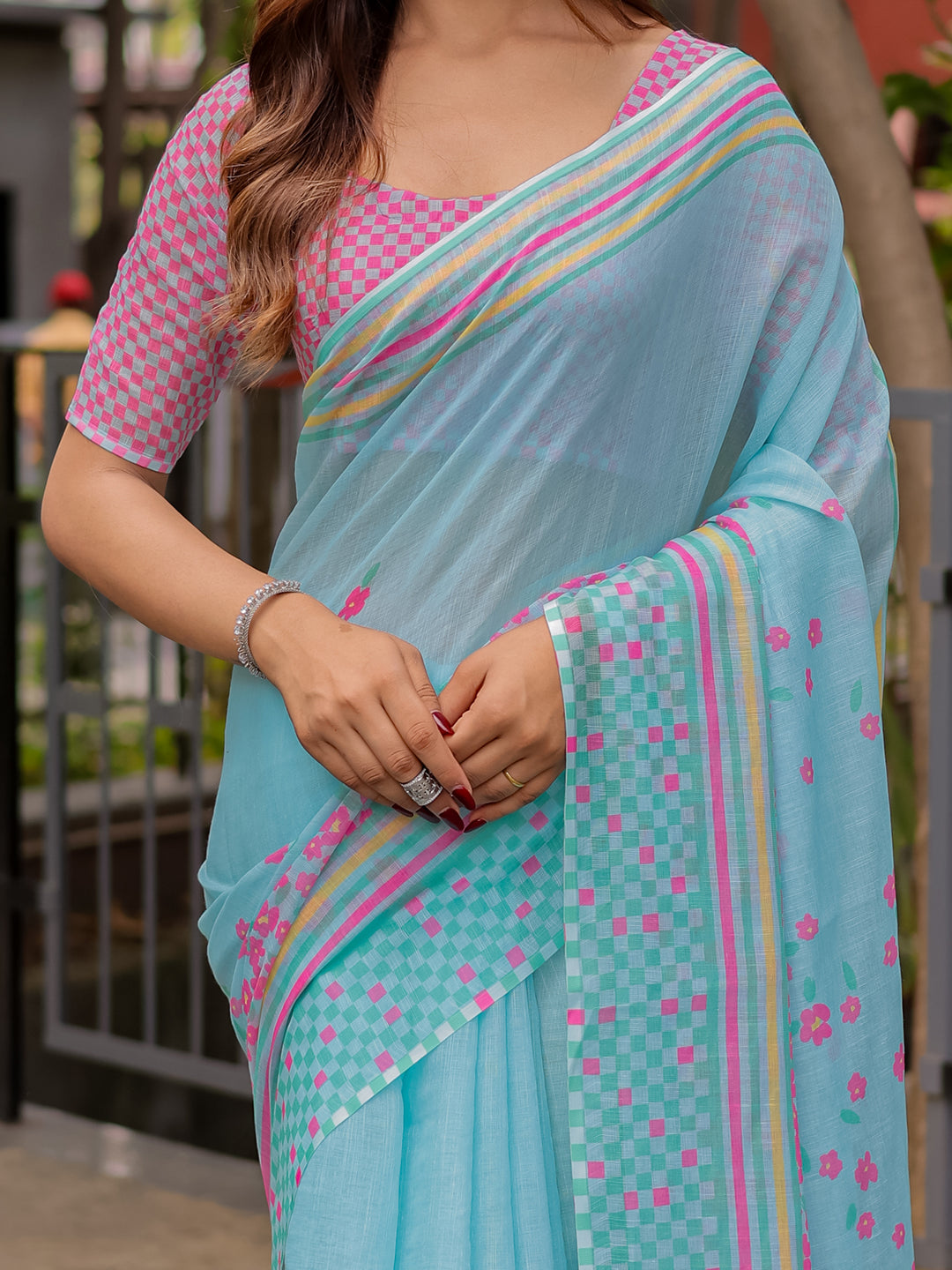 Sky Blue Mul Cotton Floral Saree for Women with Pink Checkered Print & Multicolor Border | Soft Office & Daily Wear Saree