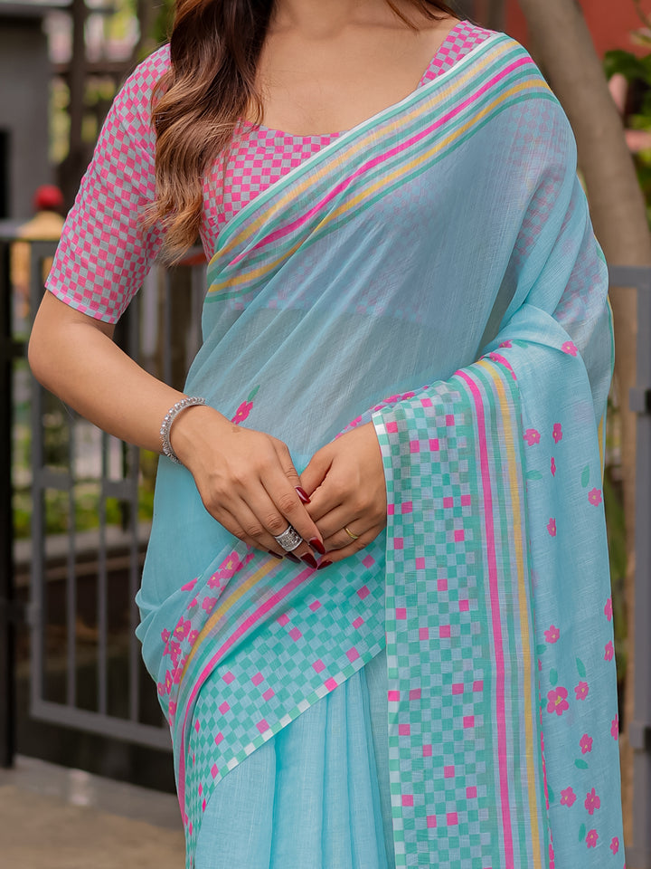 Sky Blue Mul Cotton Floral Saree for Women with Pink Checkered Print & Multicolor Border | Soft Office & Daily Wear Saree