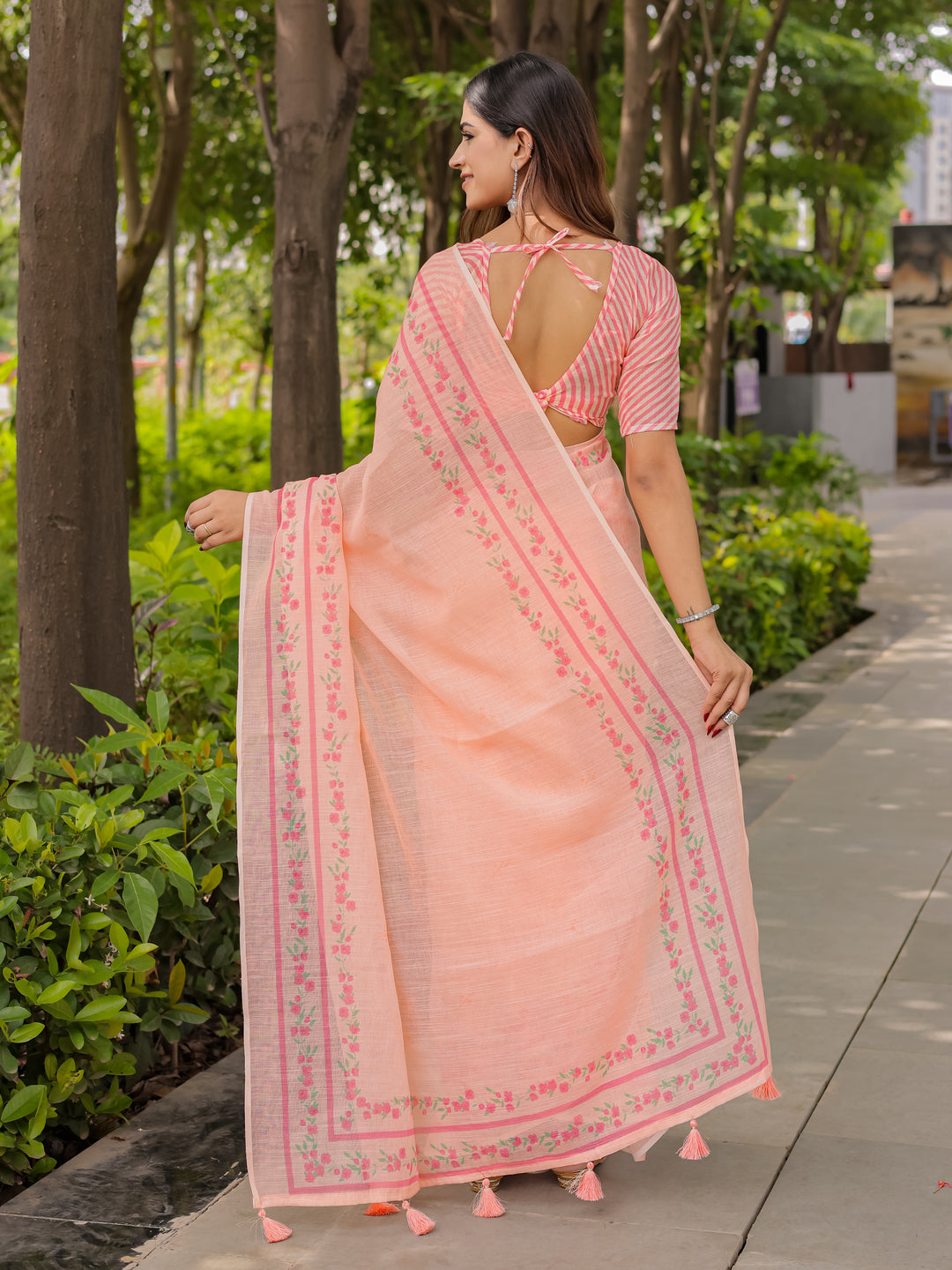 Peach Mul Cotton Saree for Women with Floral Printed Border & Tassels | Soft Breathable Daily, Office & Casual Wear Saree